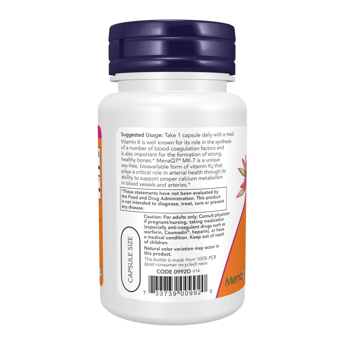 NOW Foods Supplements, MK-7 Vitamin K-2 100 mcg, Cardiovascular Support*, Supports Bone Health*, 60 Veg Capsules - görsel 6