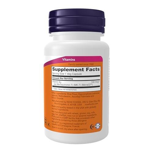 NOW Foods Supplements, MK-7 Vitamin K-2 100 mcg, Cardiovascular Support*, Supports Bone Health*, 60 Veg Capsules - görsel 3