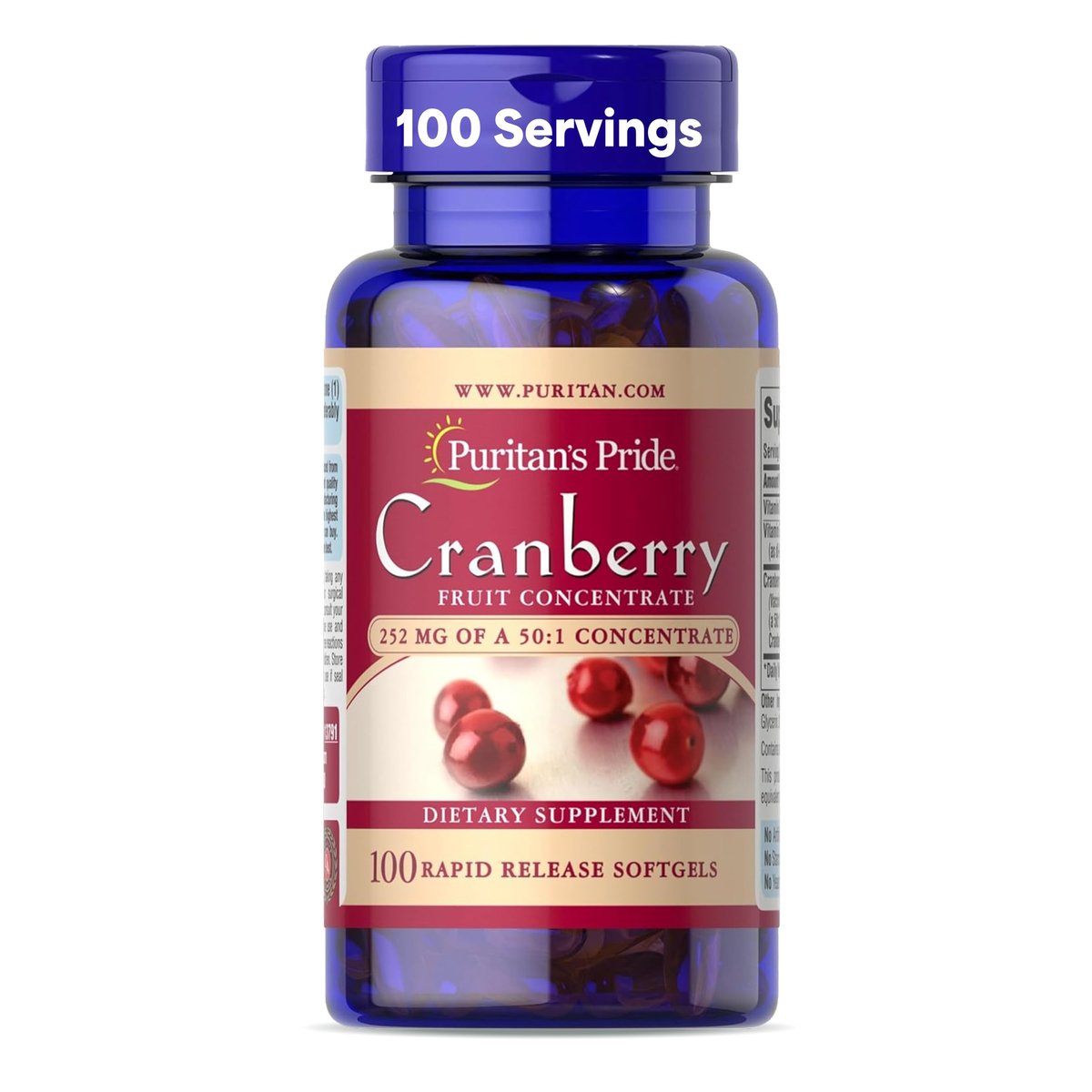 Puritan's Pride Premium Cranberry Fruit Concentrate 252mg with Vitamins C and E, Dietary Supplement for Immune System Support, 100 Rapid Release Softgels - görsel 1
