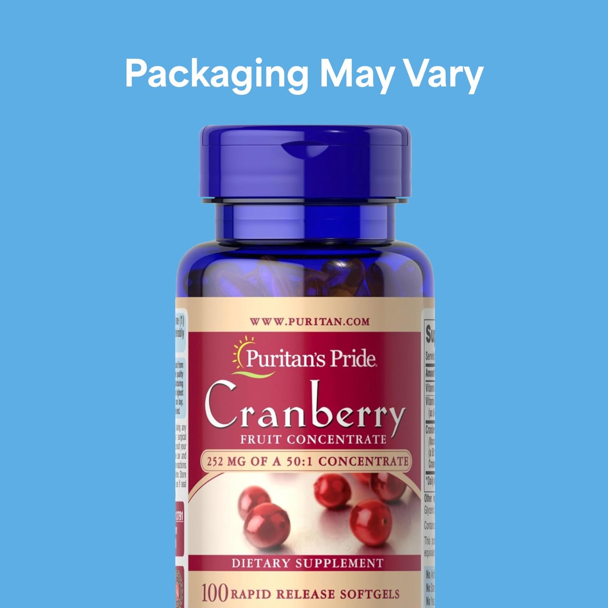 Puritan's Pride Premium Cranberry Fruit Concentrate 252mg with Vitamins C and E, Dietary Supplement for Immune System Support, 100 Rapid Release Softgels - görsel 3