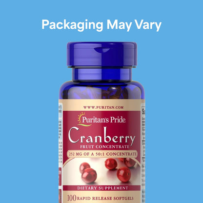 Puritan's Pride Premium Cranberry Fruit Concentrate 252mg with Vitamins C and E, Dietary Supplement for Immune System Support, 100 Rapid Release Softgels