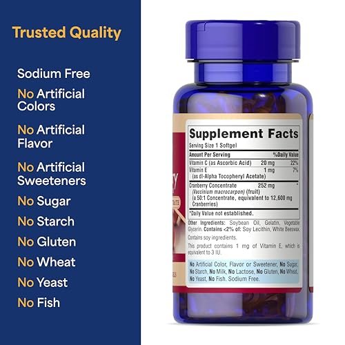 Puritan's Pride Premium Cranberry Fruit Concentrate 252mg with Vitamins C and E, Dietary Supplement for Immune System Support, 100 Rapid Release Softgels - görsel 12