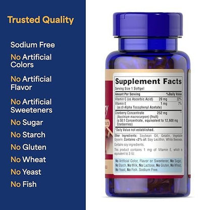 Puritan's Pride Premium Cranberry Fruit Concentrate 252mg with Vitamins C and E, Dietary Supplement for Immune System Support, 100 Rapid Release Softgels