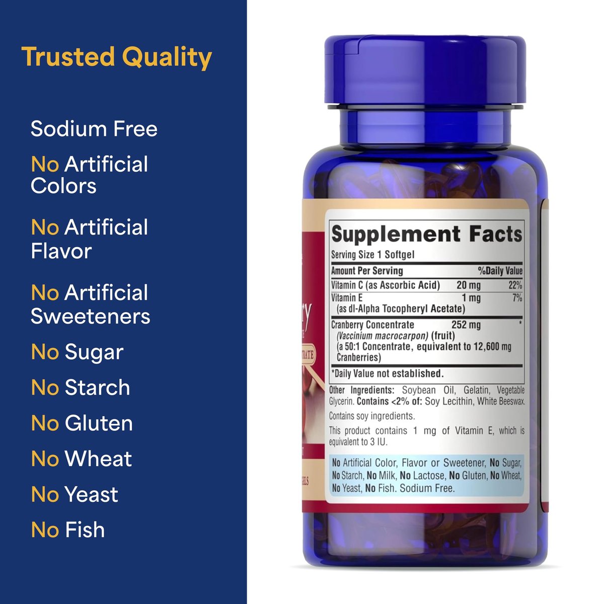 Puritan's Pride Premium Cranberry Fruit Concentrate 252mg with Vitamins C and E, Dietary Supplement for Immune System Support, 100 Rapid Release Softgels - görsel 11