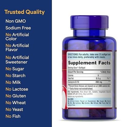 Puritan's Pride Coenzyme CoQ10 200mg, Dietary Supplement for Heart Health, Blood Pressure, Oral Gum Health, and Healthy Aging Support, 120 Servings, Rapid Release Softgels