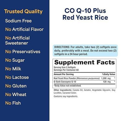 Puritan's Pride Q-Sorb™ Coenzyme CoQ10 Dietary Supplement for Heart Health, Oral Gum Health, and Healthy Aging Support, Plus Red Yeast Rice for Improved Digestion, 120 Rapid Release Softgels