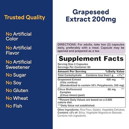 Puritan's Pride Grapeseed Extract 200mg, Dietary Supplement for Antioxidant and Heart Health Support, 2 Month Supply, 120 Rapid Release Capsules