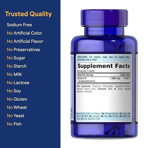 Puritan's Pride Timed Release Vitamin B-12 1000mcg, Vegetarian Dietary Supplement for Energy Metabolism, Heart, Circulatory, and Nervous System Health Support, 8 Month Supply, 250 Caplets - görsel 4