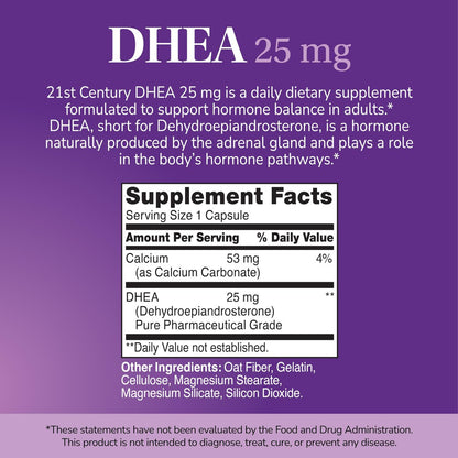 21st Century DHEA 25 mg Capsules (90 Count), Hormone Balance Dietary Supplements, DHEA Supplement for Women & Men Gluten-Free, Non-GMO, No Added Preservatives or Artificial Flavors