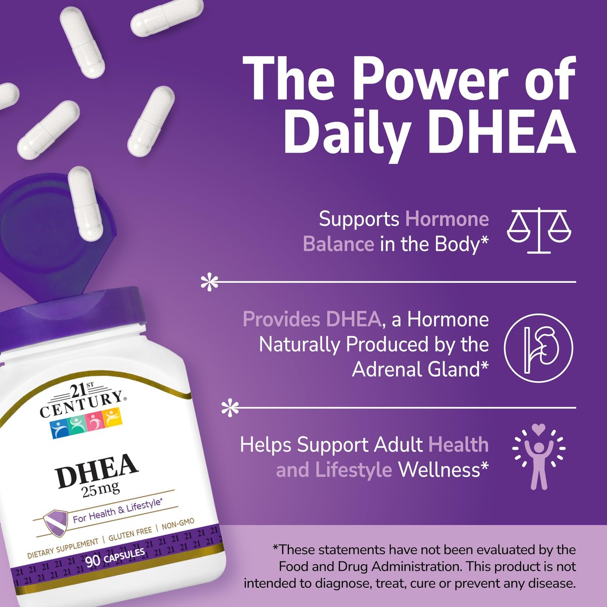21st Century DHEA 25 mg Capsules (90 Count), Hormone Balance Dietary Supplements, DHEA Supplement for Women & Men Gluten-Free, Non-GMO, No Added Preservatives or Artificial Flavors - görsel 5
