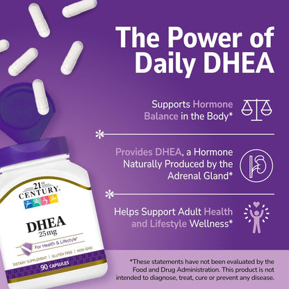 21st Century DHEA 25 mg Capsules (90 Count), Hormone Balance Dietary Supplements, DHEA Supplement for Women & Men Gluten-Free, Non-GMO, No Added Preservatives or Artificial Flavors