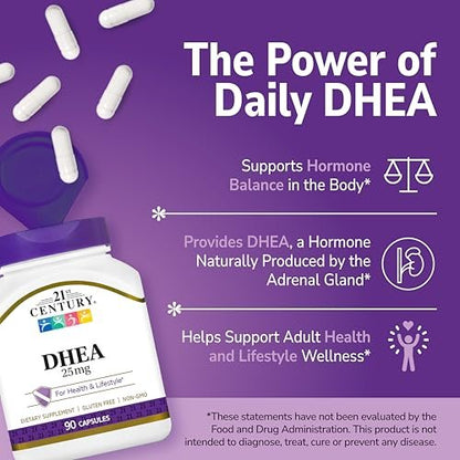21st Century DHEA 25 mg Capsules (90 Count), Hormone Balance Dietary Supplements, DHEA Supplement for Women & Men Gluten-Free, Non-GMO, No Added Preservatives or Artificial Flavors