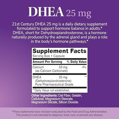 21st Century DHEA 25 mg Capsules (90 Count), Hormone Balance Dietary Supplements, DHEA Supplement for Women & Men Gluten-Free, Non-GMO, No Added Preservatives or Artificial Flavors