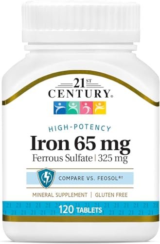 21st Century Slow-Release Iron Supplement, 120 Count, High Potency Vegan Iron Tablets with 325 mg Ferrous Sulfate, Gluten Free Dietary Supplement for Adults