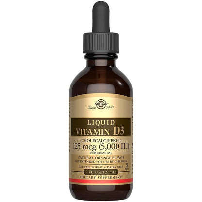 Solgar Liquid Vitamin D3 125 mcg (5,000 IU), 2 fl oz - Delicious, Natural Orange Flavor - Helps Maintain Healthy Bones & Teeth - Immune System Support - Gluten Free, Dairy Free, Kosher - 59 Servings