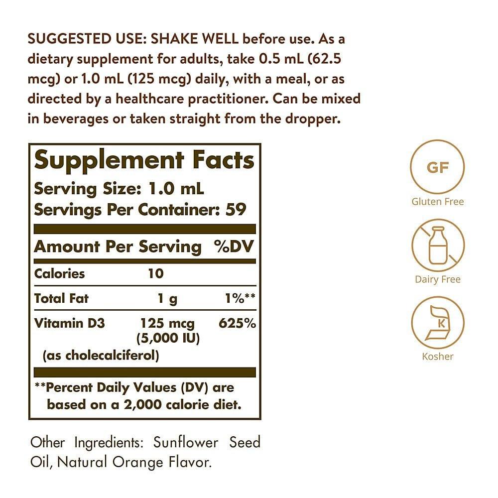 Solgar Liquid Vitamin D3 125 mcg (5,000 IU), 2 fl oz - Delicious, Natural Orange Flavor - Helps Maintain Healthy Bones & Teeth - Immune System Support - Gluten Free, Dairy Free, Kosher - 59 Servings - görsel 5