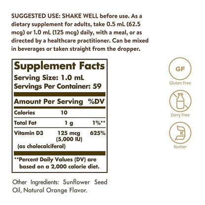 Solgar Liquid Vitamin D3 125 mcg (5,000 IU), 2 fl oz - Delicious, Natural Orange Flavor - Helps Maintain Healthy Bones & Teeth - Immune System Support - Gluten Free, Dairy Free, Kosher - 59 Servings