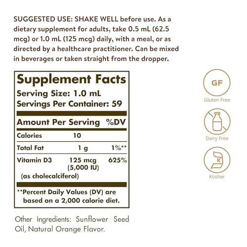 Solgar Liquid Vitamin D3 125 mcg (5,000 IU), 2 fl oz - Delicious, Natural Orange Flavor - Helps Maintain Healthy Bones & Teeth - Immune System Support - Gluten Free, Dairy Free, Kosher - 59 Servings - görsel 6