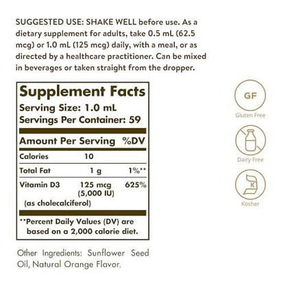 Solgar Liquid Vitamin D3 125 mcg (5,000 IU), 2 fl oz - Delicious, Natural Orange Flavor - Helps Maintain Healthy Bones & Teeth - Immune System Support - Gluten Free, Dairy Free, Kosher - 59 Servings