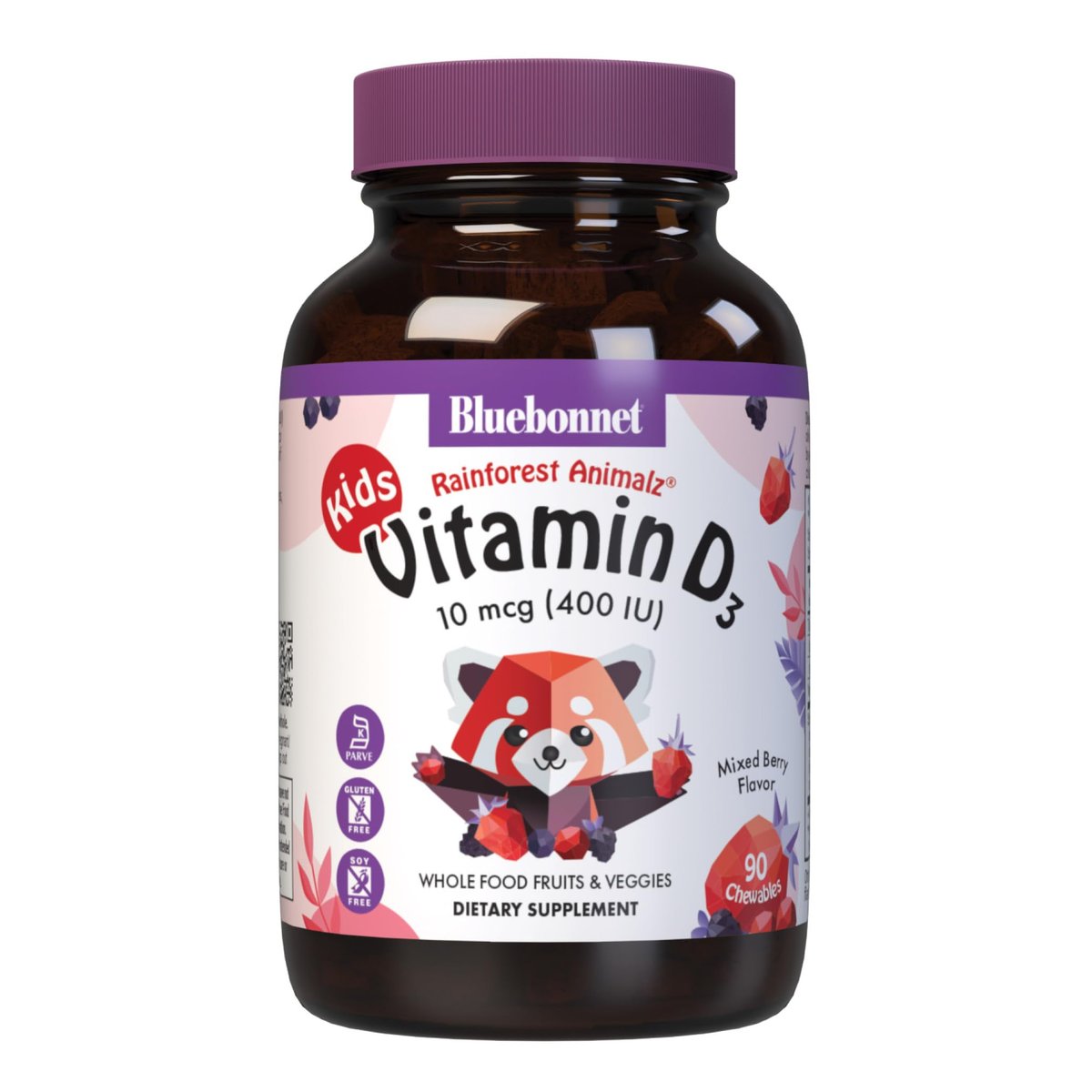 Bluebonnet Nutrition Rainforest Animalz Vitamin D3 400 IU Chewable Tablet, Soy, Dairy & Gluten-Free, Non-GMO, Kosher Certified, Vegetarian Friendly, Natural Mixed Berry Flavor, 90 Count - görsel 3