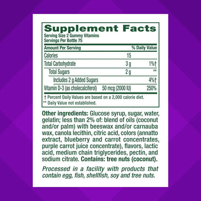 Vitafusion Vitamin D3 Gummies, Bone and Immune Support, Peach, Blackberry, Strawberry Flavored, 50 mcg D3 Gummy Vitamin Supplement, 75 Day Supply, 150 Count