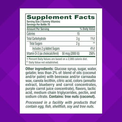 Vitafusion Vitamin D3 Gummies, Bone and Immune Support, Peach, Blackberry, Strawberry Flavored, 50 mcg D3 Gummy Vitamin Supplement, 75 Day Supply, 150 Count