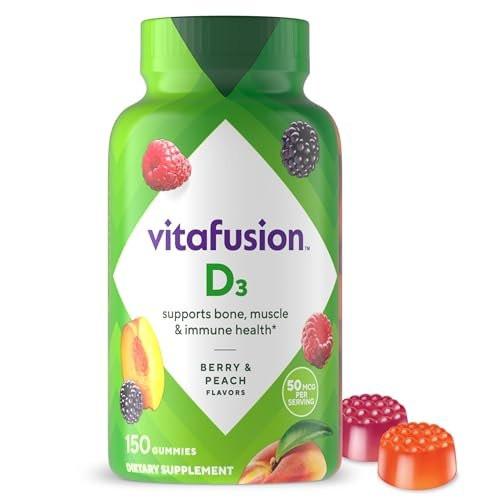 Vitafusion Vitamin D3 Gummies, Bone and Immune Support, Peach, Blackberry, Strawberry Flavored, 50 mcg D3 Gummy Vitamin Supplement, 75 Day Supply, 150 Count - görsel 1