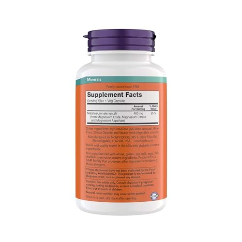 NOW Foods Supplements, Magnesium 400 mg, Supports Energy Production, Enzyme Function, Nervous System Support, 360 Veg Capsules - görsel 2