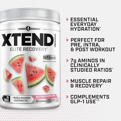 Xtend Original BCAA Powder, 7g BCAAs and 2.5g L-Glutamine for Muscle Recovery Hydration and Lean Muscle, Sugar Free Intra and Post Workout Drink with Electrolytes, Watermelon Explosion, 30 Servings