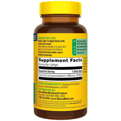 Nature Made Vitamin B12 Extra Strength 3000 mcg, B12 Vitamin Supplement for Energy Metabolism Support, 60 Softgels, 60 Day Supply