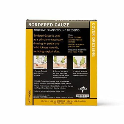 Medline Bordered Gauze, 6" x 6" Adhesive Island Wound Dressing, Sterile, 15 Count