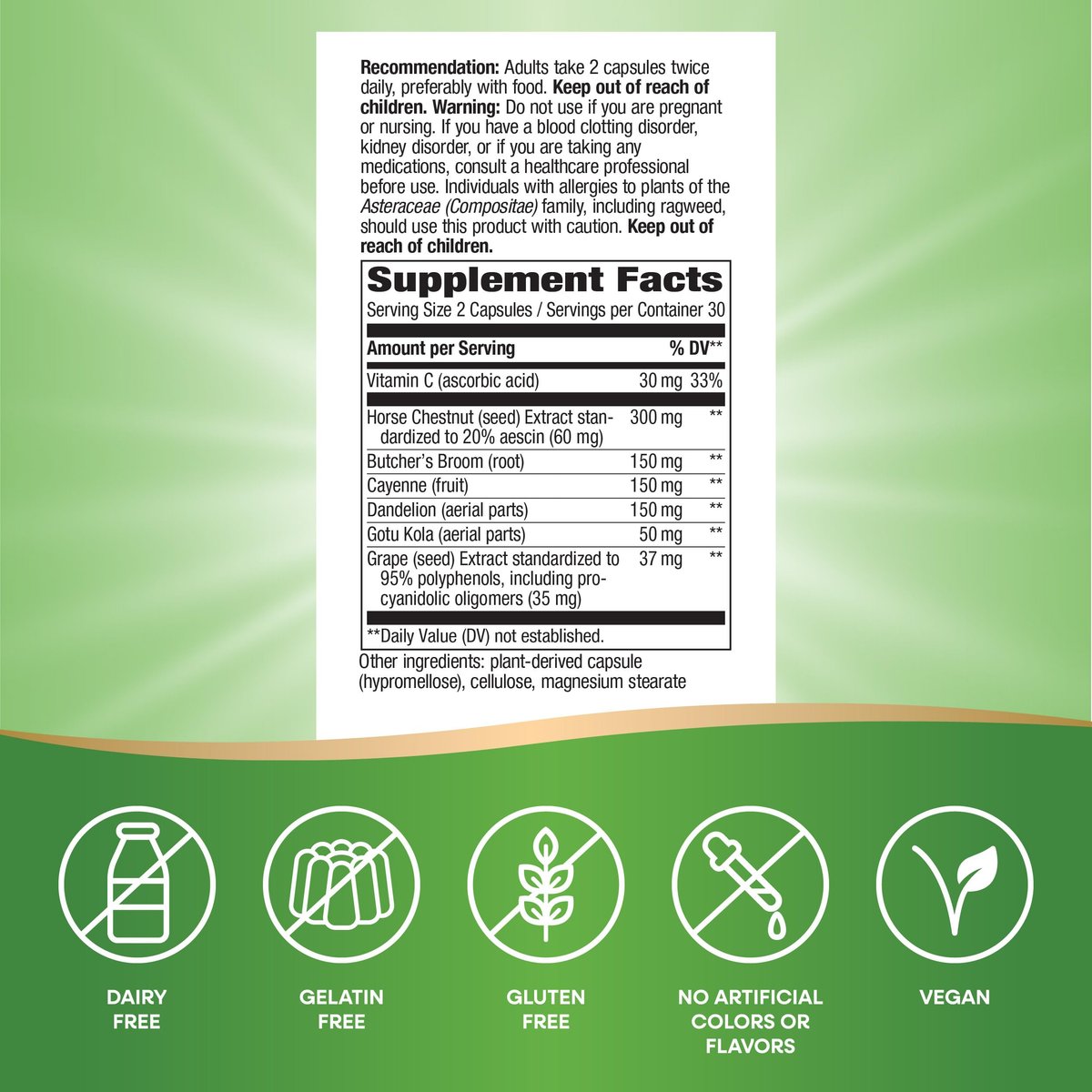 Nature's Way Leg Veins, Supports Healthy Leg Vein Strength*, 6-Herb Blend, Horse Chestnut Extract and Dandelion Supplement, Gluten Free, 60 Vegan Capsules (Packaging May Vary) - görsel 9