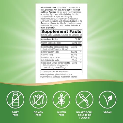 Nature's Way Leg Veins, Supports Healthy Leg Vein Strength*, 6-Herb Blend, Horse Chestnut Extract and Dandelion Supplement, Gluten Free, 60 Vegan Capsules (Packaging May Vary) - görsel 10