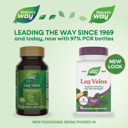 Nature's Way Leg Veins, Supports Healthy Leg Vein Strength*, 6-Herb Blend, Horse Chestnut Extract and Dandelion Supplement, Gluten Free, 60 Vegan Capsules (Packaging May Vary)