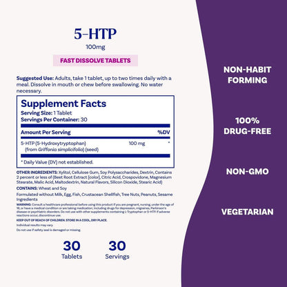 Natrol 5-HTP 100 mg Fast Dissolve Tablets, Mixed Berry, 30 Count – Supports Balanced Mood & Serotonin Production