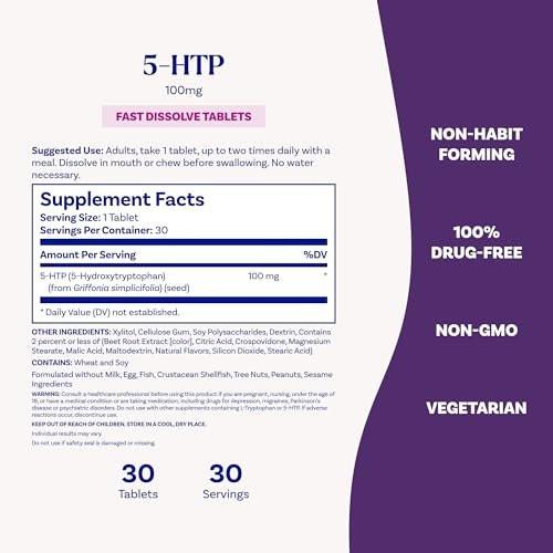 Natrol 5-HTP 100 mg Fast Dissolve Tablets, Mixed Berry, 30 Count – Supports Balanced Mood & Serotonin Production - görsel 12