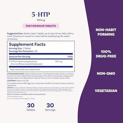Natrol 5-HTP 100 mg Fast Dissolve Tablets, Mixed Berry, 30 Count – Supports Balanced Mood & Serotonin Production