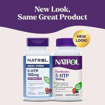 Natrol 5-HTP 100 mg Fast Dissolve Tablets, Mixed Berry, 30 Count – Supports Balanced Mood & Serotonin Production
