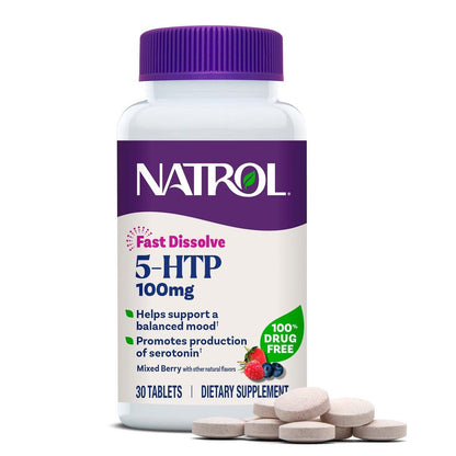 Natrol 5-HTP 100 mg Fast Dissolve Tablets, Mixed Berry, 30 Count – Supports Balanced Mood & Serotonin Production