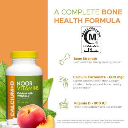 Noor Vitamins Halal Calcium Plus Vitamin D Bone & Immune Support | 600 mg Calcium & 800 IU (20 mcg) D2 per Tablet | aids in Absorption of Calcium into Bones, Non-GMO, Vegetarian & Halal (120 Tablets)