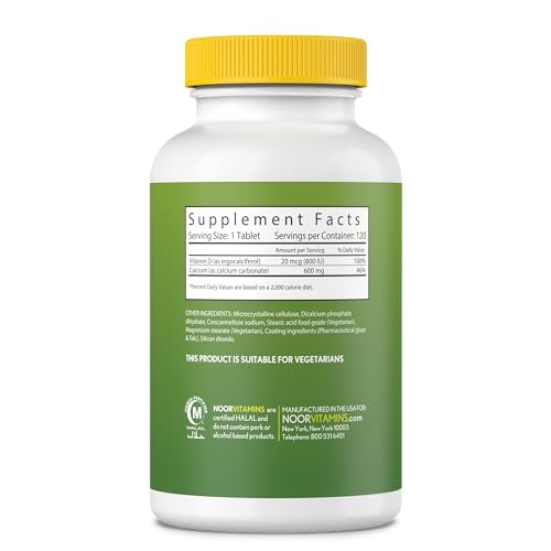 Noor Vitamins Halal Calcium Plus Vitamin D Bone & Immune Support | 600 mg Calcium & 800 IU (20 mcg) D2 per Tablet | aids in Absorption of Calcium into Bones, Non-GMO, Vegetarian & Halal (120 Tablets) - görsel 3