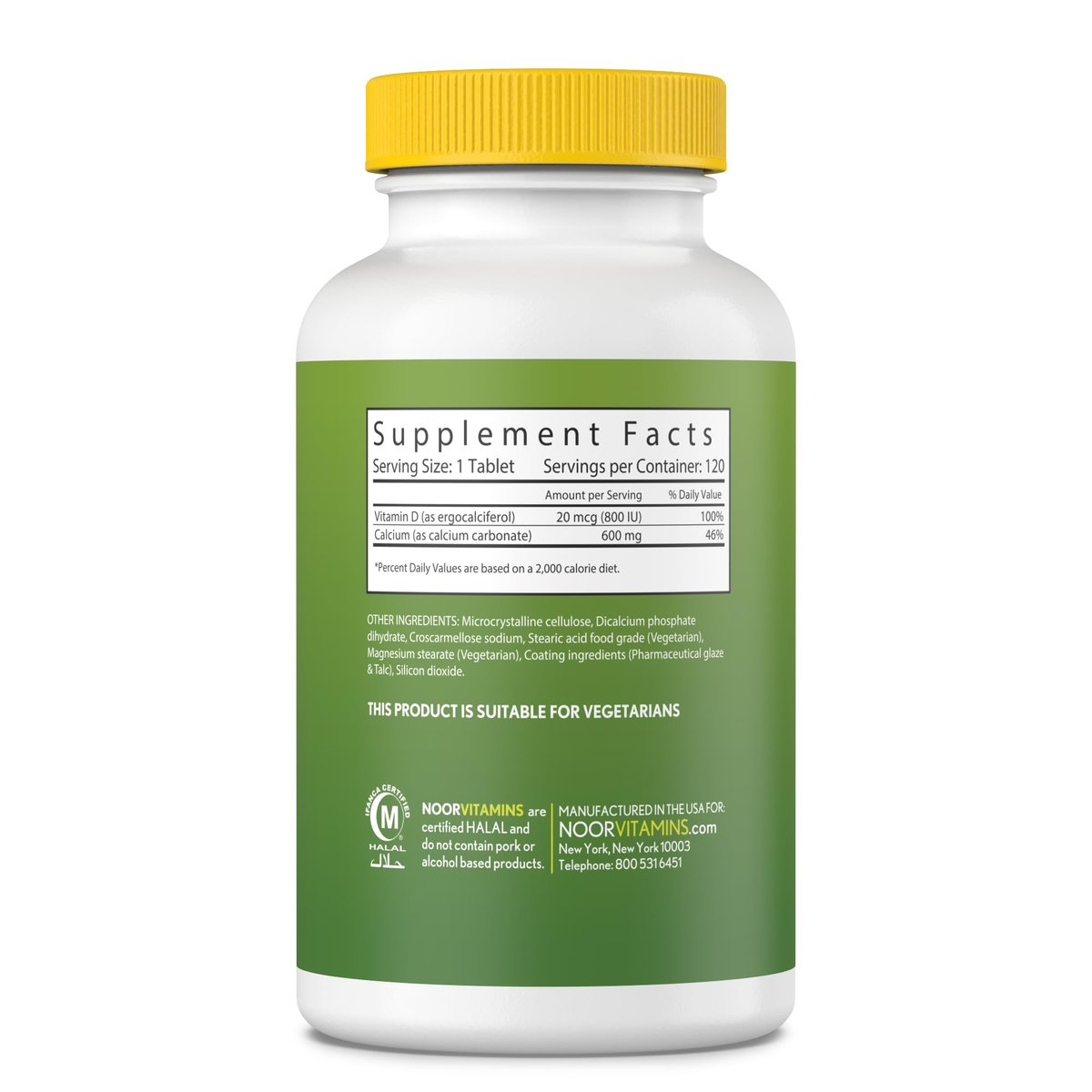 Noor Vitamins Halal Calcium Plus Vitamin D Bone & Immune Support | 600 mg Calcium & 800 IU (20 mcg) D2 per Tablet | aids in Absorption of Calcium into Bones, Non-GMO, Vegetarian & Halal (120 Tablets) - görsel 4
