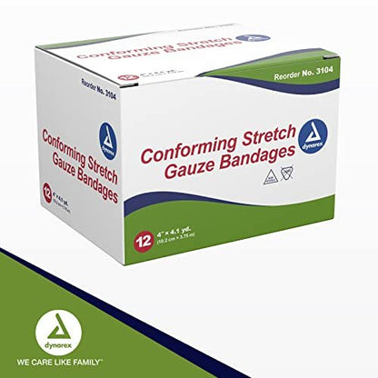 Dynarex Stretch Gauze Bandages, 4" x 4.1 yds, Non-Sterile & Latex-Free, Wound Care in Medical and Home Environments, 1 Box of 12