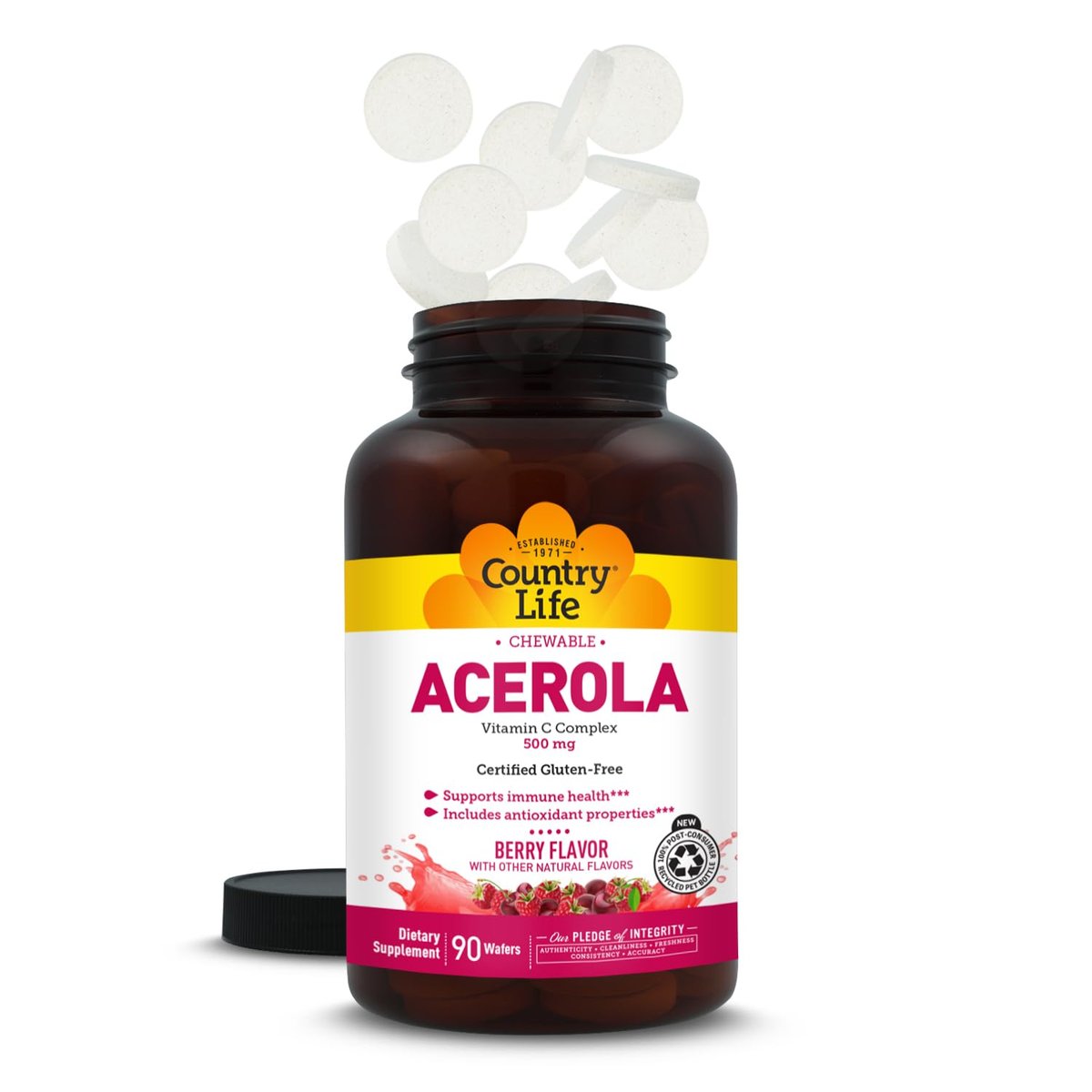 Country Life Acerola Vitamin C Complex 500mg, Berry Chewable Wafers with Citrus Bioflavonoids & Rose Hips, Immune Health Antioxidant Support, Gluten Free, Vegan, 90 Wafers - görsel 9