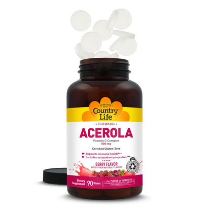Country Life Acerola Vitamin C Complex 500mg, Berry Chewable Wafers with Citrus Bioflavonoids & Rose Hips, Immune Health Antioxidant Support, Gluten Free, Vegan, 90 Wafers