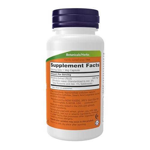 NOW Supplements, Rhodiola 500 mg, Helps Body Adapt to Stress of Daily Life*, Adaptogenic Herb*, 60 Veg Capsules - görsel 1