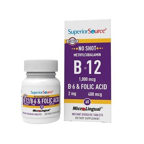 Superior Source No Shot Vitamin B-12 Methylcobalamin 1000 mcg, B-6 & Folic Acid 400 mcg - Supports Brain & Heart Health - Aids Natural Energy Levels - 60 Sublingual Dissolving Tablets - görsel 1