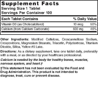 Nature's Blend Calcium Carbonate 600 mg with D3 400 IU 100 Tablets