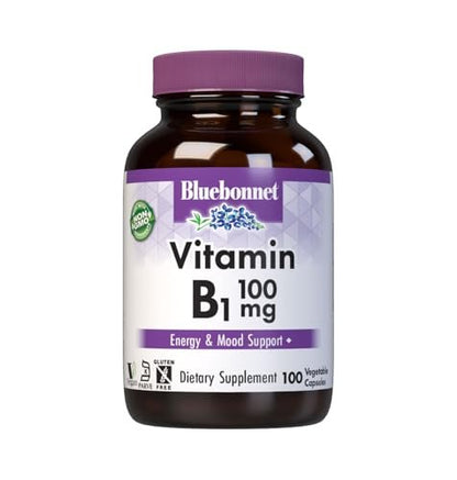Bluebonnet Vitamin B1 100 mg - Mood Support & Energy Vitamins for Women & Men* - Thiamin HCl - Non-GMO, Vegan, Kosher, Gluten-Free - Soy & Dairy-Free - 100 Vegetable Capsules, 100 Day Supply