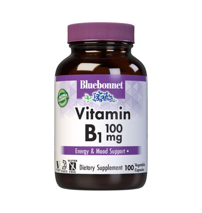 Bluebonnet Vitamin B1 100 mg - Mood Support & Energy Vitamins for Women & Men* - Thiamin HCl - Non-GMO, Vegan, Kosher, Gluten-Free - Soy & Dairy-Free - 100 Vegetable Capsules, 100 Day Supply